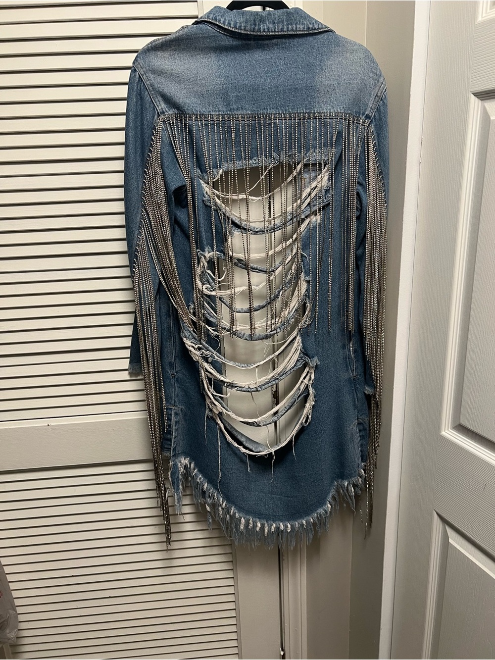 AKIRA Distressed Light Blue Denim Blazer with Silver Chain Fringe